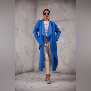NWT Amiclubwear Royal Blue Trench Style Cardigan Crossover Long Jacket Sz Large